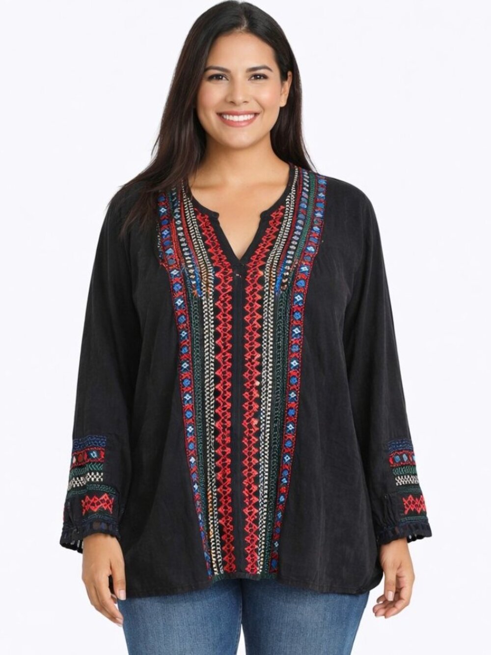 Johnny Was Marisol Ethnic Embroidered Top Boho Cupra Rayon Black Size S